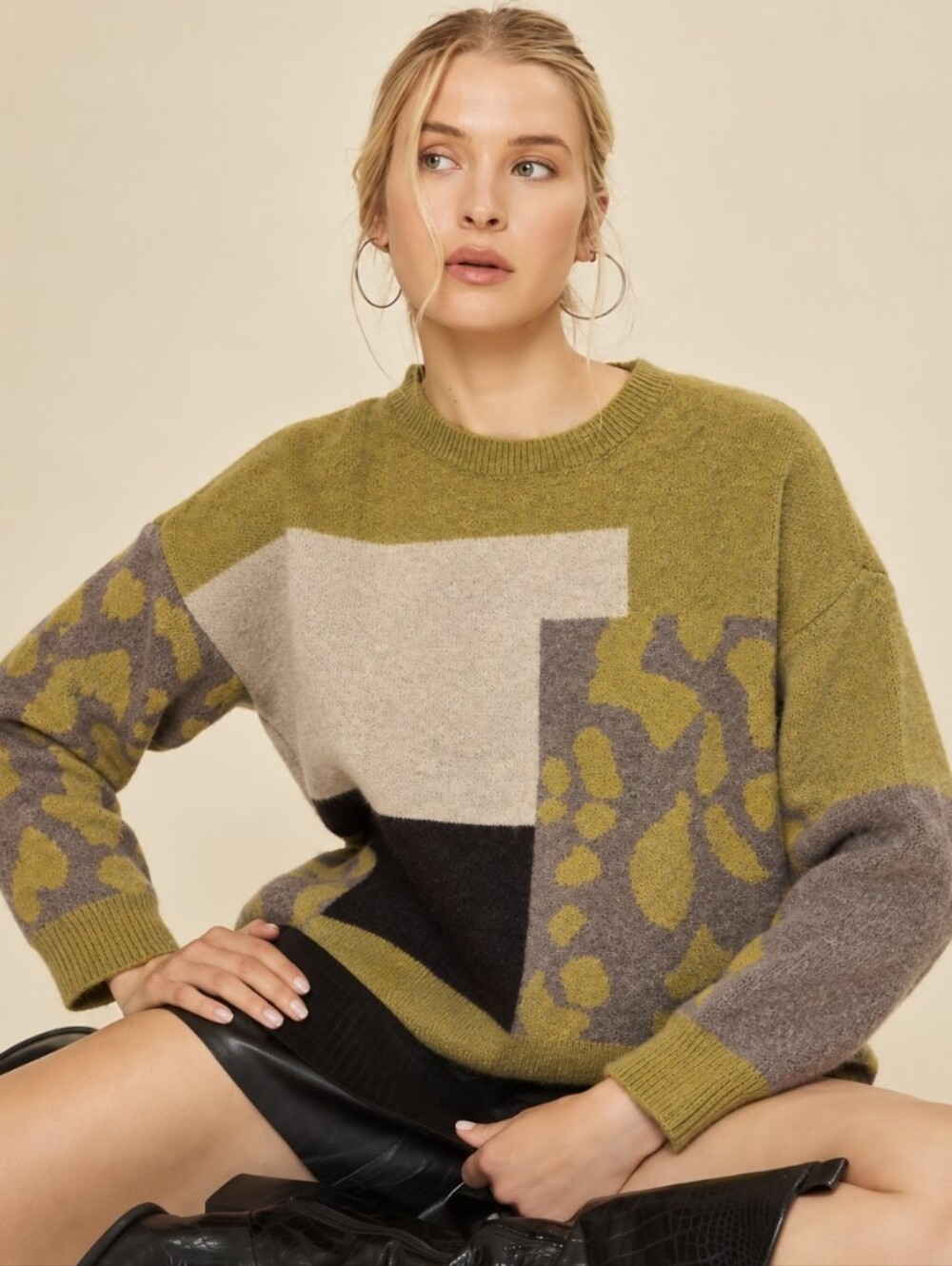 NEW Entro Animal Print Sweater Chartreuse Oversized Colorblock Leopard Size M